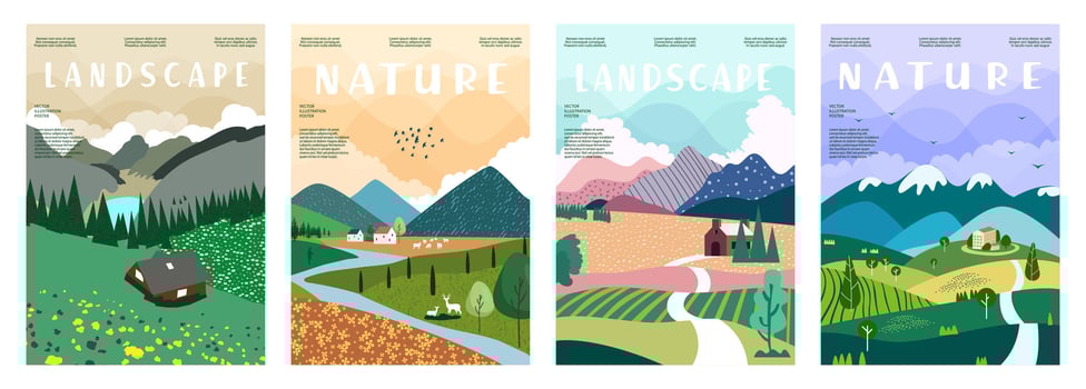 Nature and landscape poster set. illustration of mountains, trees, plants, fields and animals. For prints, cover or card designs, art decoration. vector