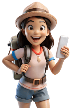 3d style illustration of a young female tourist carrying a backpack and holding a phone in her hand png