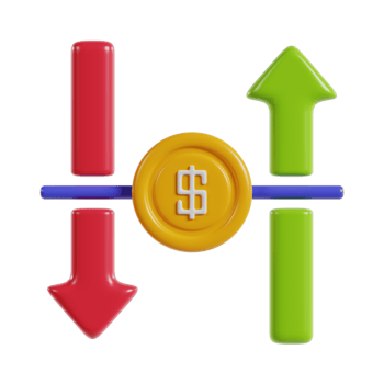 A graphic representation of financial trends with arrows and a dollar sign. png