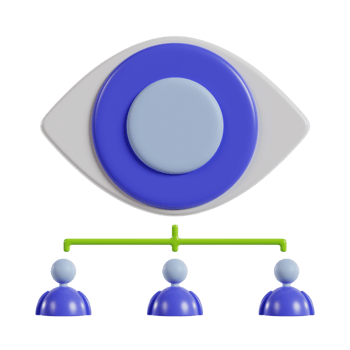 A stylized eye symbol with a central circle and figures below, representing observation and connection. png
