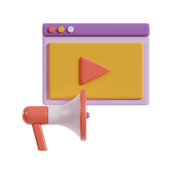 A colorful graphic featuring a play button and a megaphone, symbolizing media and communication. png