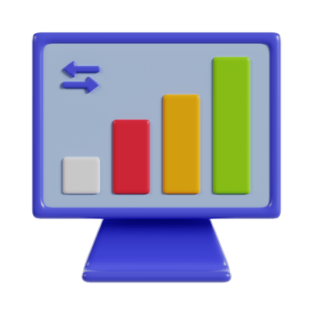 A stylized computer monitor displaying a bar graph with varying heights and colors. png