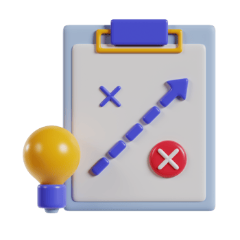 A 3D illustration of a clipboard with a strategy chart and a light bulb, symbolizing ideas. png