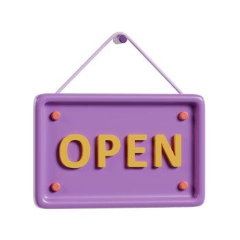 A purple open sign with yellow letters, indicating a business is welcoming customers. png