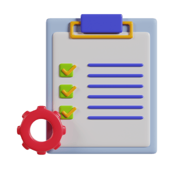 A clipboard with a checklist and a gear icon, symbolizing task management and settings. png