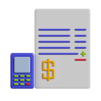An illustration of a calculator next to a document with financial figures. png