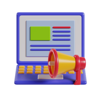 A stylized computer with a megaphone, symbolizing communication and digital marketing. png