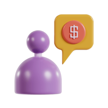A purple game piece with a speech bubble featuring a dollar sign, symbolizing finance or business. png