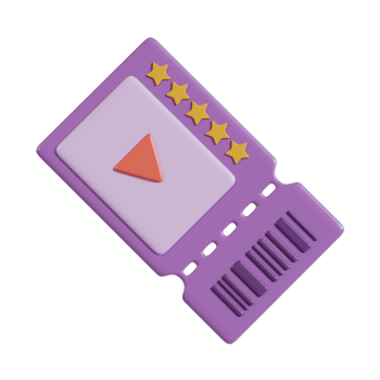 A stylized ticket design featuring stars and a play button, likely representing entertainment. png