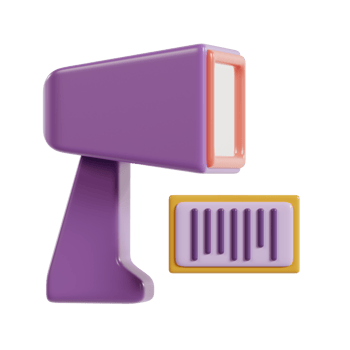 A purple barcode scanner next to a barcode label, representing retail technology. png