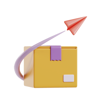 A stylized yellow package with a paper airplane, symbolizing delivery and communication. png
