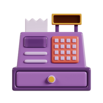 A colorful, cartoonish cash register with buttons and a drawer, used for transactions. png
