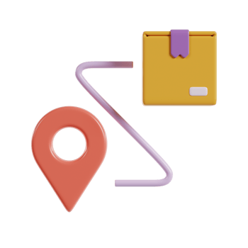 A stylized representation of a delivery process with a location pin and a package. png