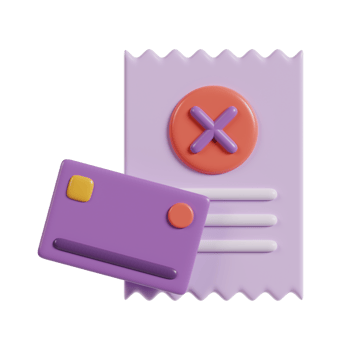 A stylized illustration of a document with a rejection mark and a credit card. png