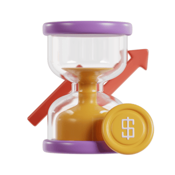 A stylized hourglass with a dollar sign coin and an upward arrow, symbolizing financial growth. png