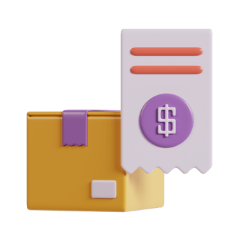 A stylized box with a receipt featuring a dollar sign, symbolizing e-commerce and transactions. png