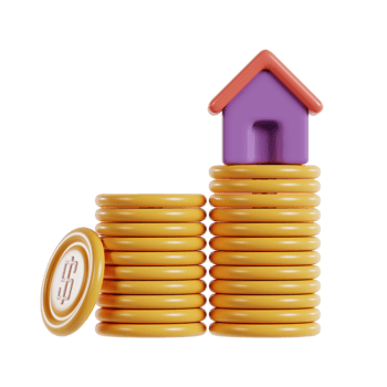 A stack of coins beside a house model, symbolizing investment and real estate. png