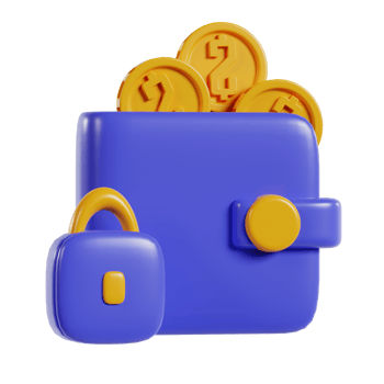 A stylized purple wallet with a lock and golden coins, symbolizing security and finance. png