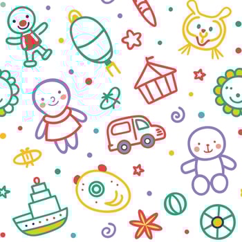 a colorful pattern with toys and other items vector