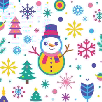 a snowman and christmas tree are surrounded by snowflakes and other decorations vector