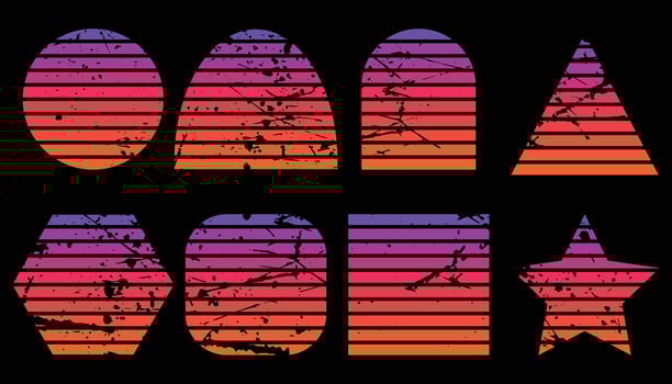Set of retro sunsets in the style of the 80s and 90s. Retro Sunset Retrowave Backgrounds Art Bundle. Horizontal Sunsets with Grunge Textures. vector