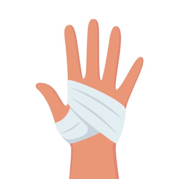 Hand bandaged. First aid, protection in case of burn of skin, physical trauma, wound. Clean bandage, patch. Injury human hand. illustration. vector