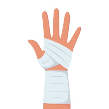 Hand with bandage. First aid, protection in case of burn of skin, physical trauma, wound. Clean bandage, patch. Injury human hand. illustration. vector