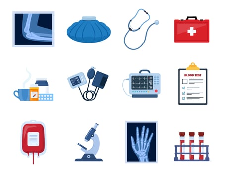 Health care, medical icon set. Hospital tools, drugs, equipment, furniture for treatment and diagnosis. Emergency, illness, ambulance, first aid. . vector