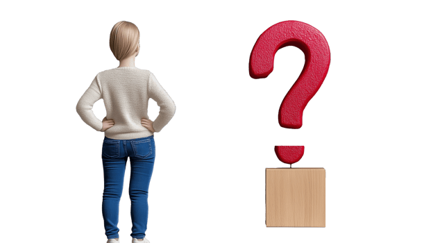 Figure contemplating a red question mark on a transparent background png