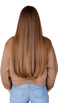 Long brown hair flowing down on a person wearing a brown jacket with transparent background png