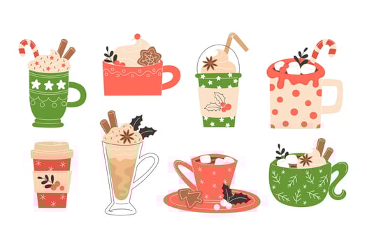 Cafe Christmas Hot Beverage Set with Lattes, Coffee, Hot Chocolate vector