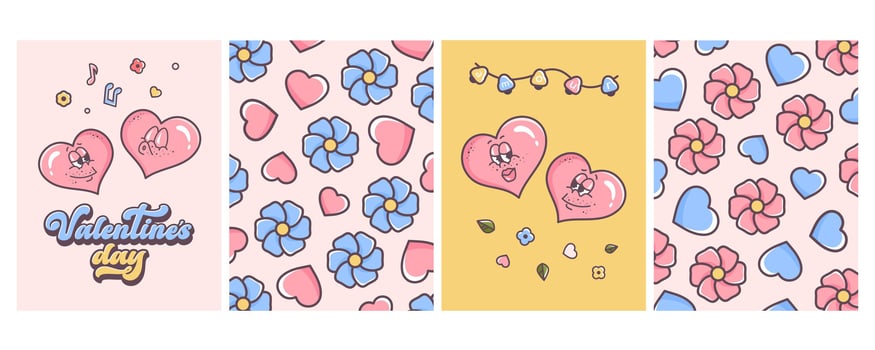 Valentine's day greeting card. Set of valentine posters with couple of cute hearts, romantic background. Valentine elements, cartoon groovy characters, festive pattern. illustration vector