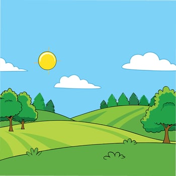 Cartoon illustration of a sunny day with rolling green hills, trees, and fluffy white clouds in a bright blue sky. Simple, idyllic scenery. vector
