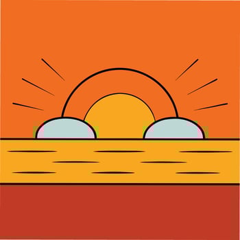 Stylized sunset over calm ocean. Minimalist design with orange, yellow, and blue tones. Simple lines depict sun, clouds, and water. vector