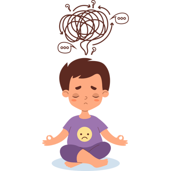 Thoughtful sad boy meditates in lotus pose. Confused thoughts png