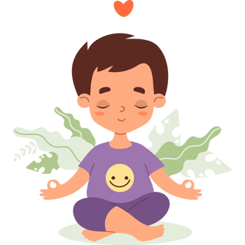 Peaceful boy meditating in lotus pose with leaves png