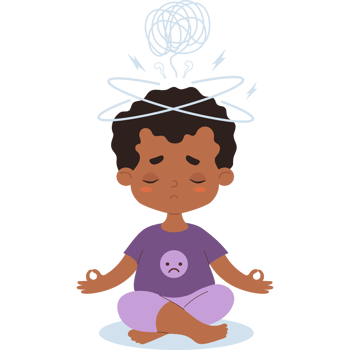 Thoughtful afro american boy in lotus pose meditates. Confused thoughts png