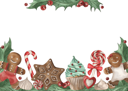A template for a greeting card with Christmas sweets in a vintage style. An illustration with gingerbread, cupcakes, candies, lollipops, holly, meringue, hand-painted in watercolor. png