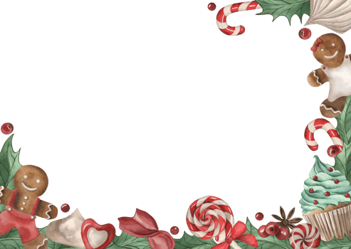 Christmas greeting card with gingerbread, cupcakes, lollipops, meringue, holly. The illustration with treats is hand-drawn in watercolor. Template for postcards, greetings, invitations, printing png