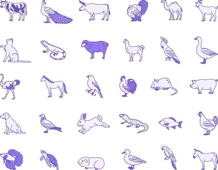 Colored Domestic Animals Icons. Illustrations Cow, Peacock, Bull, Turkey, Camel, Goat, Cat, Iguana, Sheep, Llama, Parrot, Goose, Ostrich, Horse, Rabbit, Mouse, Pig and Others vector