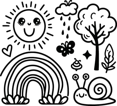 A set of doodle drawings with a sun, tree, and a snail vector