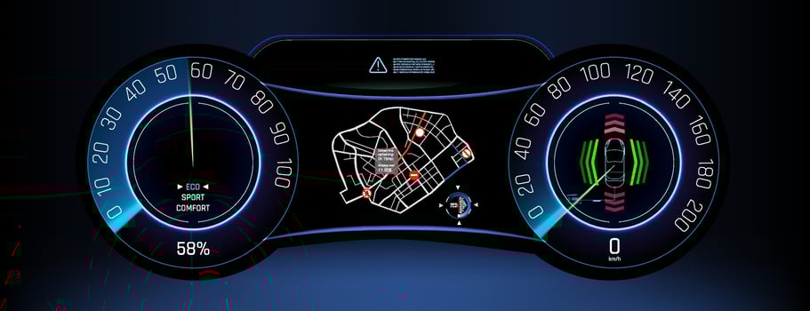 Modern digital dashboard display showcasing vehicle navigation and speed metrics in a sleek design. vector