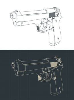 Semi-automatic pistol isometric blueprints vector