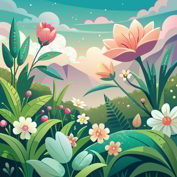 illustration of a beautiful landscape with flowers and mountains vector