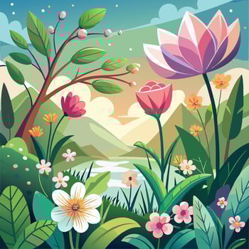 illustration of a beautiful landscape with flowers and trees vector