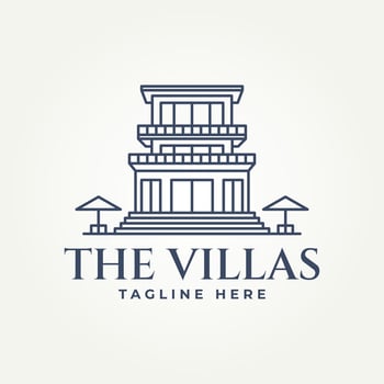 minimalist tropical beach house villa line art icon logo illustration design. simple modern beach hotel, property, resort logo concept vector