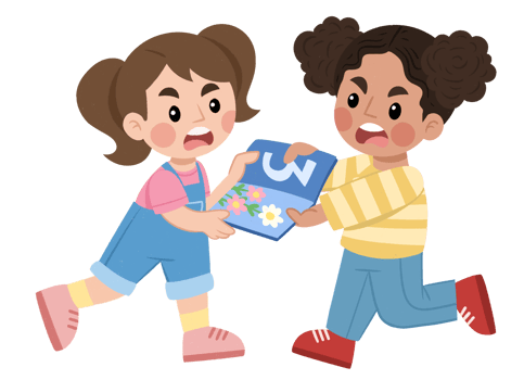 Illustration of two girls fighting over a book png