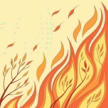 A fire with flames and leaves on a yellow background vector
