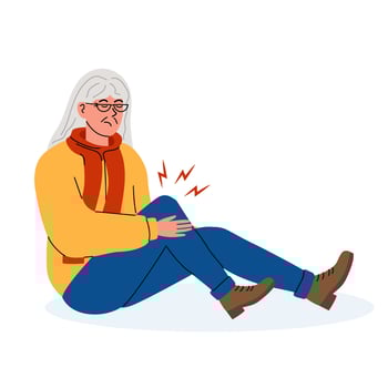 Elderly woman experiencing knee pain while sitting on the floor indoors during winter vector