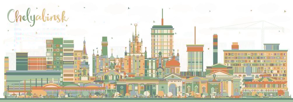 Chelyabinsk Russia city skyline with color buildings on white. Chelyabinsk cityscape with landmarks. Travel and tourism concept with modern and historic architecture. vector